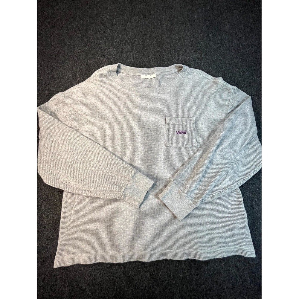 Vans Sweater Womens Medium Gray Waffle Knit Ribbed Pocket Long Sleeve Round Neck
